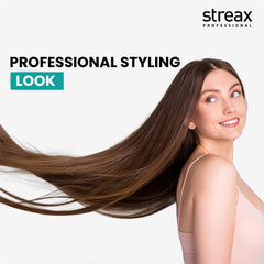 Streax Professional on bathroom shelf styled with towels to show everyday salon-finish convenience