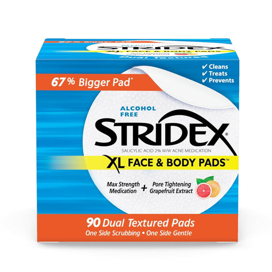 Stridex XL front packaging showing 90-count pads and benefits