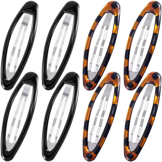 STSTR front view of eight black and tortoise snap barrettes showing set benefit