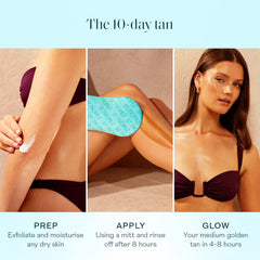 St.Tropez applying mousse with mitt demonstrating streak-free blending benefit