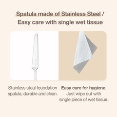 STUDIO17 spatula picking up liquid foundation on hand to control product amount and reduce waste