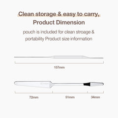 STUDIO17 spatula beside ruler showing compact size and portability for makeup kits