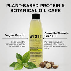 Style Factor label close-up listing pH-balanced vegan keratin formula