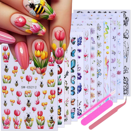 STZPRONAIL front packaging showing 12 summer floral sticker sheets and tools for easy use