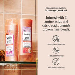 Suave close-up label highlighting bonding formula and product clarity