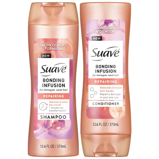 Suave front packaging showing duo and benefit of strengthened hair