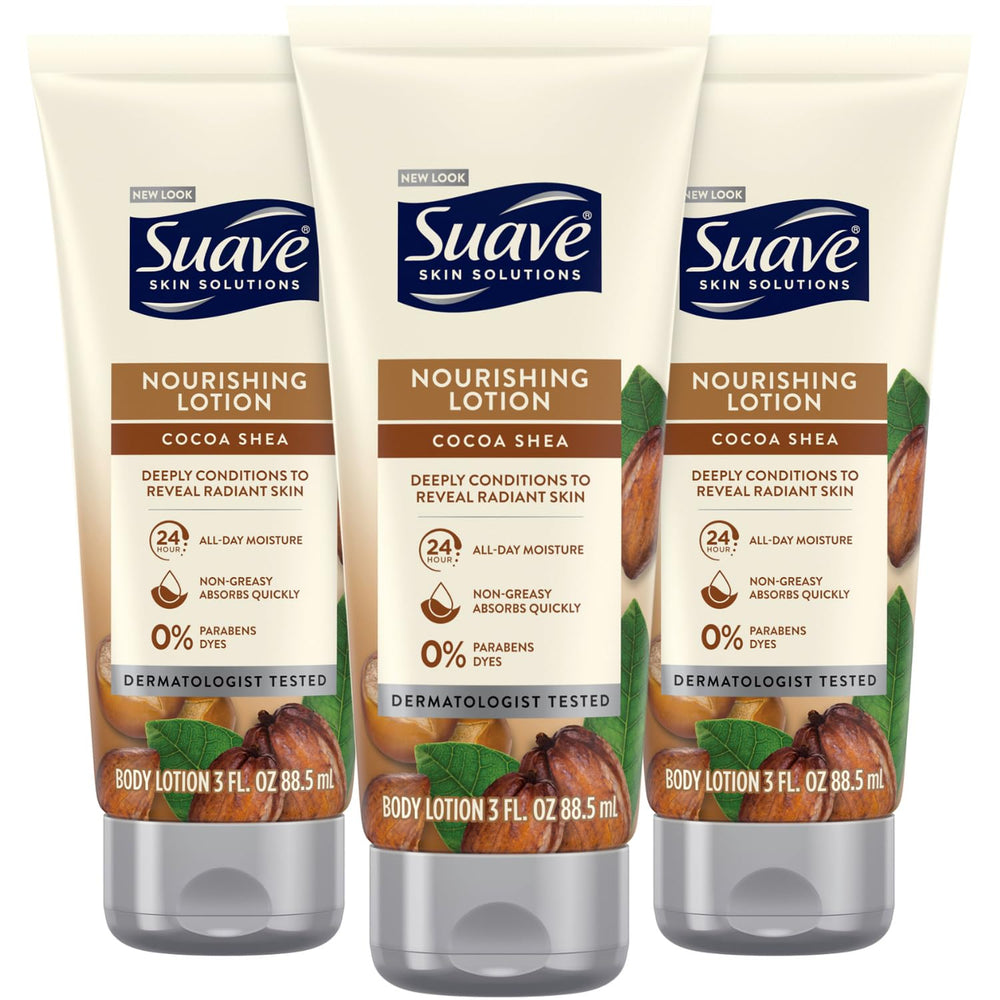 Suave cocoa butter shea front packaging showing travel-size bottles and label benefit