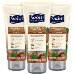 Suave cocoa butter shea front packaging showing travel-size bottles and label benefit