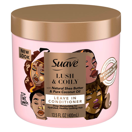 Suave front bottle showing Pink Lush & Coily label and easy application benefit