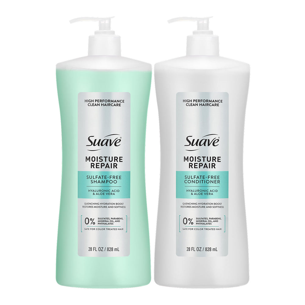 Suave front packaging of 28 fl oz shampoo and conditioner showing value size and brand
