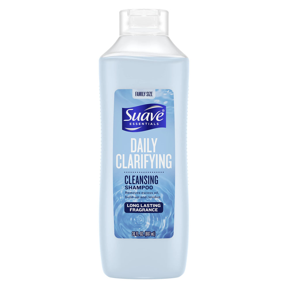 Suave bottle front packaging showing 30 oz and clarifying benefits