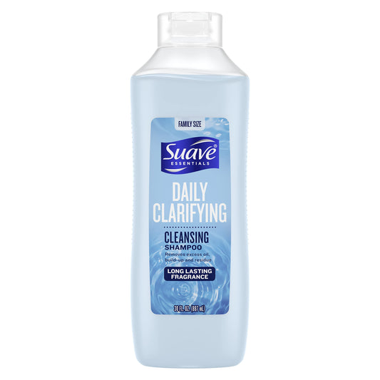Suave bottle front packaging showing 30 oz and clarifying benefits
