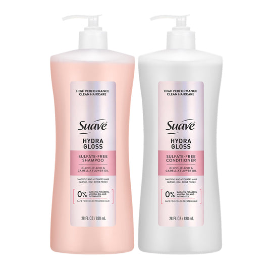 Suave front packaging showing both 28 oz bottles and glossy finish benefit