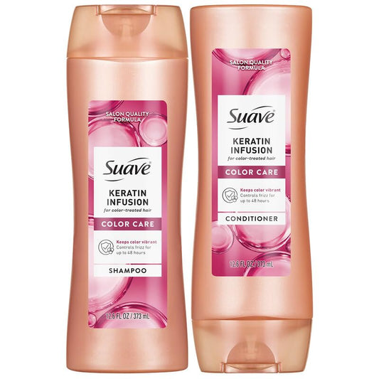 Suave bottle front packaging showing product and color care benefits