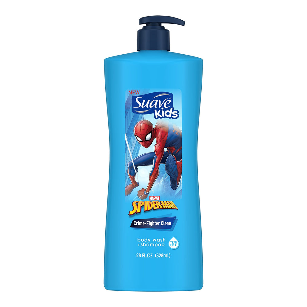 Suave kids BB-8 front packaging showing large 28 oz bottle and bright label, encouraging fun baths