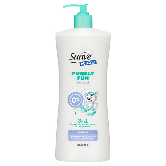 Suave bottle front packaging showing kids 3‑in‑1 and playful design benefits ease
