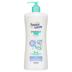 Suave bottle front packaging showing kids 3‑in‑1 and playful design benefits ease