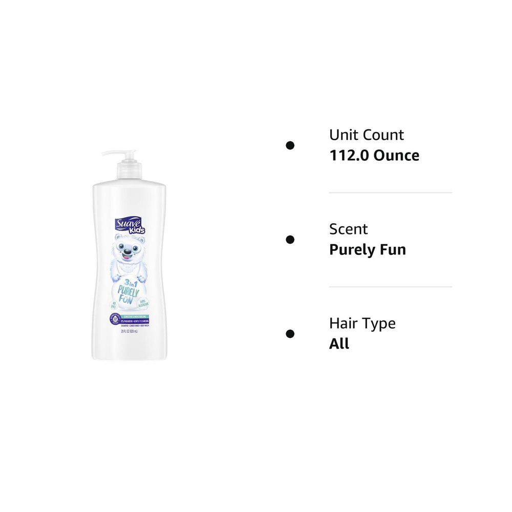 Back of Suave kids bottle showing recyclable packaging and usage info