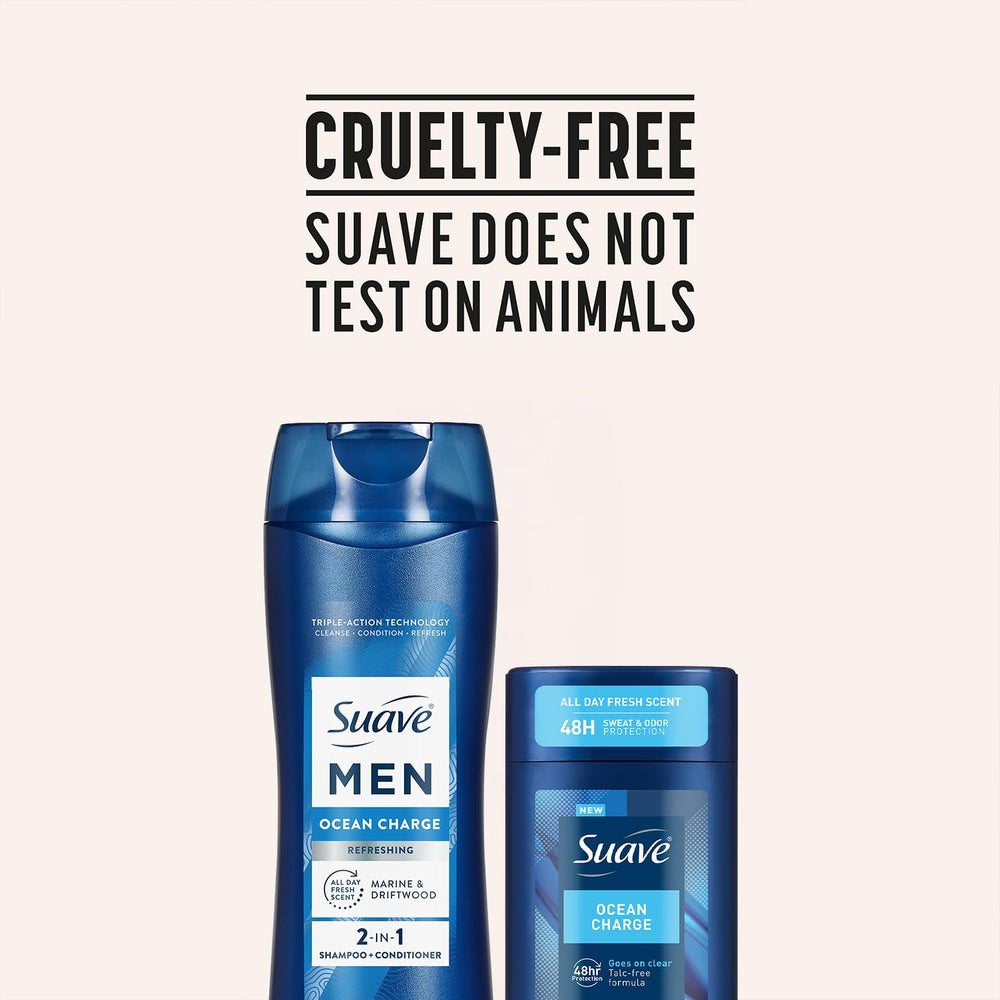 Suave products held in hand for size comparison showing compact travel-friendly benefit