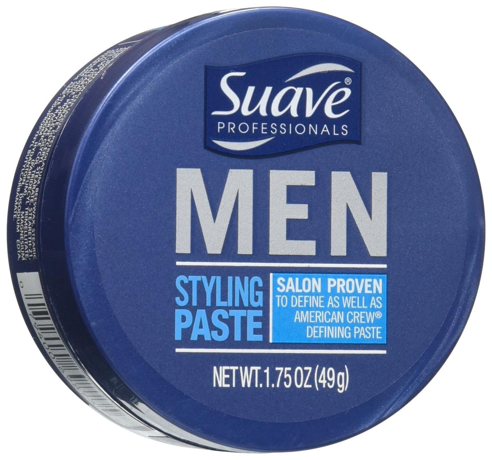 Suave men's styling paste front tub showing compact 1.75 oz packaging and convenience