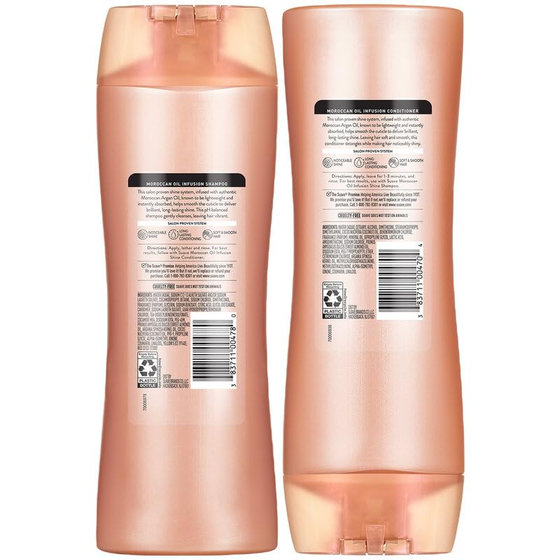 Suave bottles in hand for scale showing travel-friendly 12.6 oz benefit