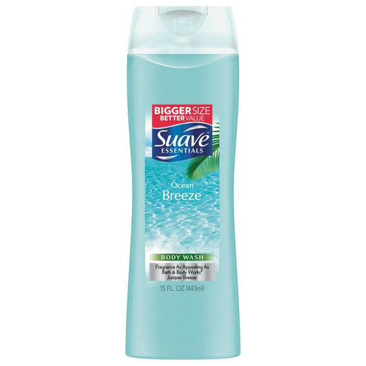 Suave bottle front packaging showing Ocean Breeze label and benefits