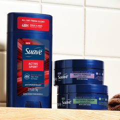 suave pomade label detail highlighting sandalwood lavender scent, subtle fragrance benefit