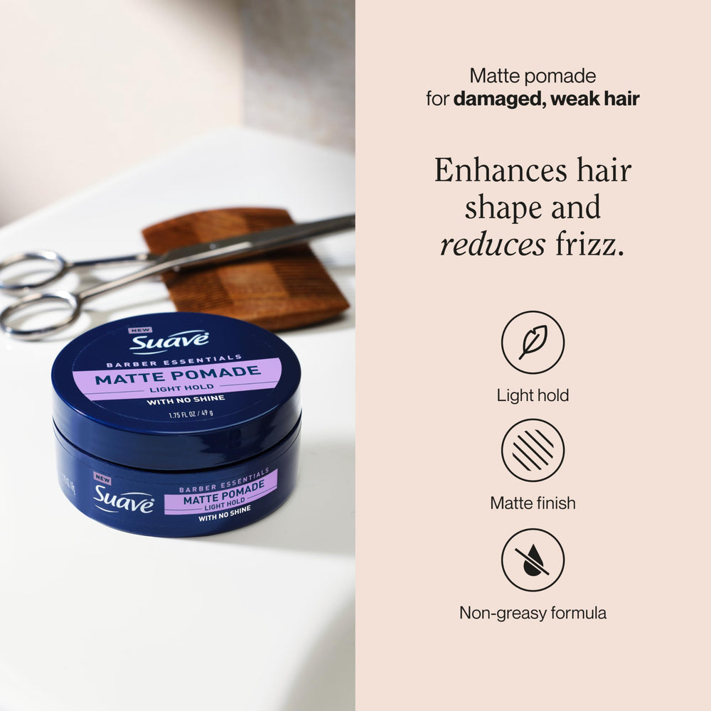 suave pomade open texture close-up demonstrating creamy matte formula, easy application benefit