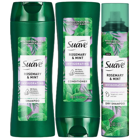 Suave front packaging showing shampoo conditioner and dry shampoo, fresh scent benefit
