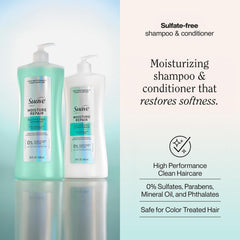 Suave shampoo pump close-up showing creamy texture and easy dispense benefit