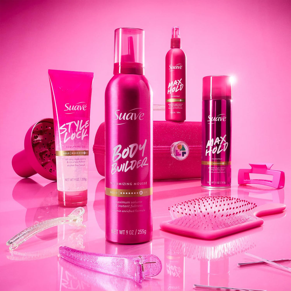 Stylist using Suave hairspray in front of mirror demonstrating on‑the‑go styling benefit