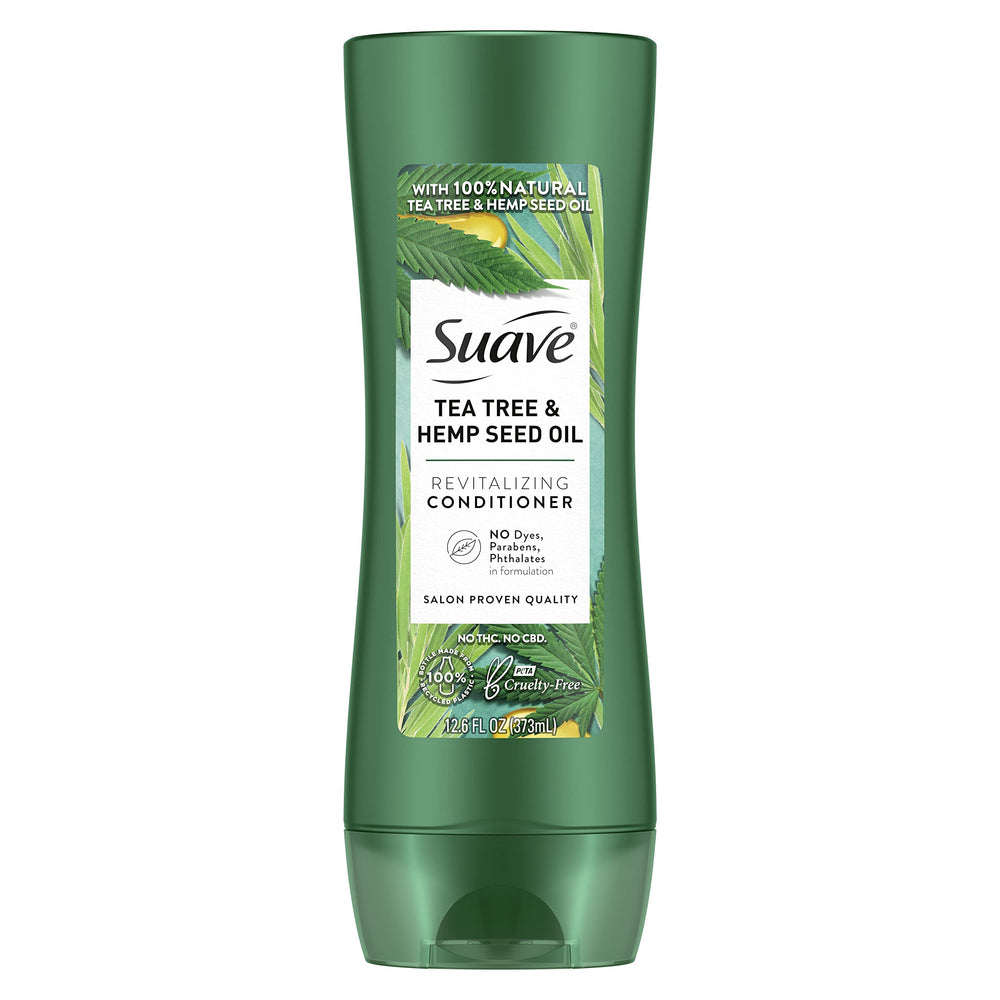 Suave tea tree hemp front packaging showing product and size benefits