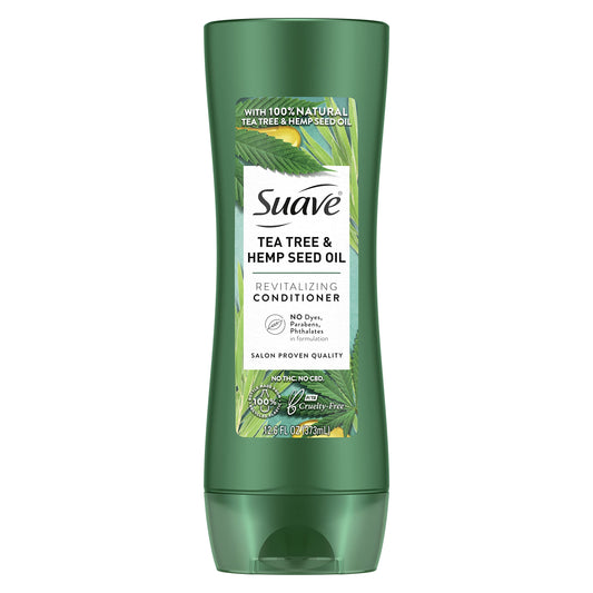 Suave tea tree hemp front packaging showing product and size benefits