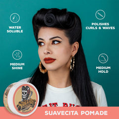 Model with glossy waves styled using Suavecita providing shine and frizz control