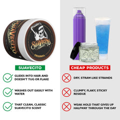 Suavecito 4oz jar side label highlighting ingredients and medium hold benefit