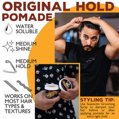 Styled pompadour finished with Suavecito showing defined shape and shine benefit