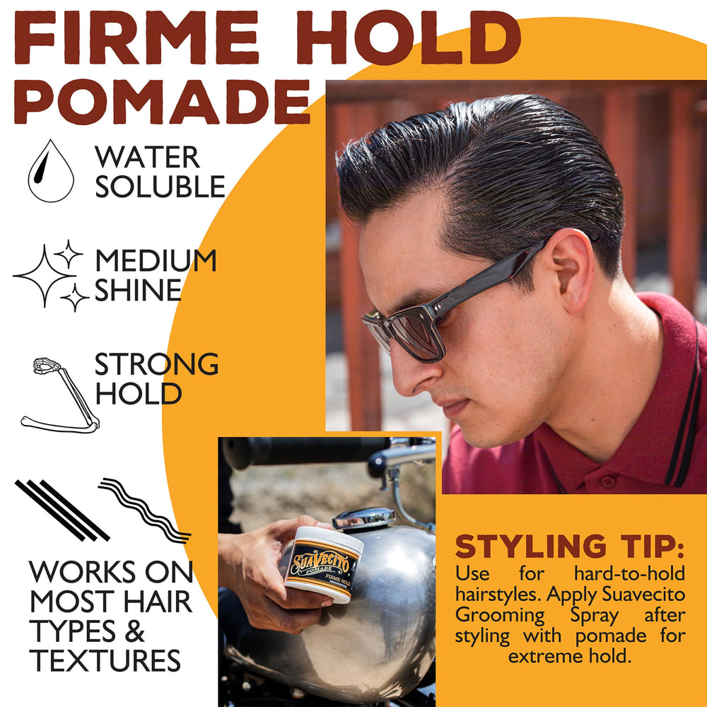 Suavecito styled slick back showing firm hold and medium shine benefit