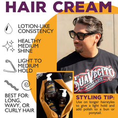 Suavecito cream in hands being applied to hair for frizz control