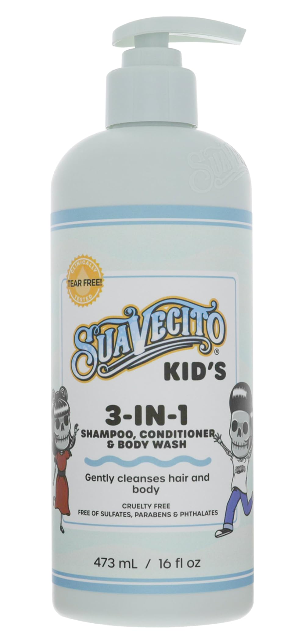 Suavecito kid's front pump bottle shows brand and easy-pour dispenser benefit