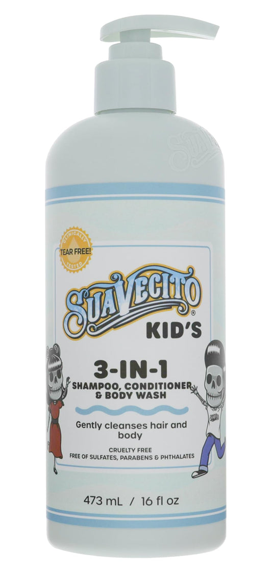 Suavecito kid's front pump bottle shows brand and easy-pour dispenser benefit