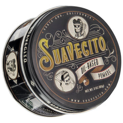 Close-up of Suavecito tin label highlighting original fragrance and product details