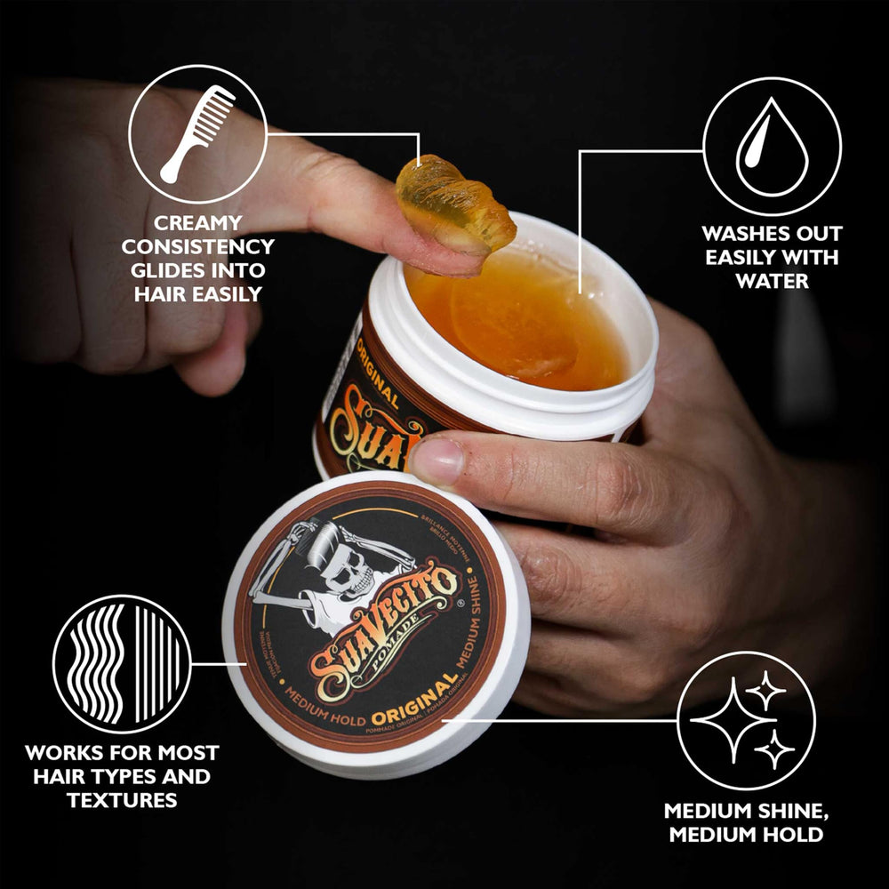 Suavecito open jar close-up showing creamy texture for easy combing benefit