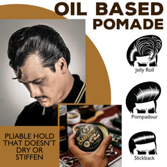 Side profile pompadour styled with Suavecito showing high shine and volume