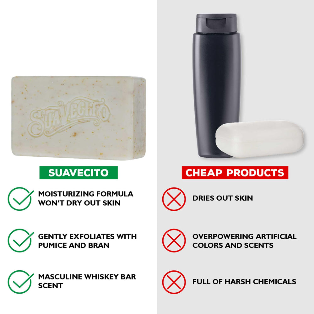 Suavecito bar texture closeup showing pumice and bran exfoliants for smoother skin
