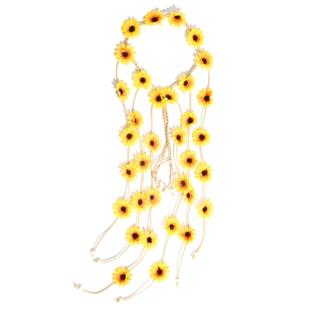 Sucrain lifestyle beach setting showing sunflower crown adding boho charm to summer outfit