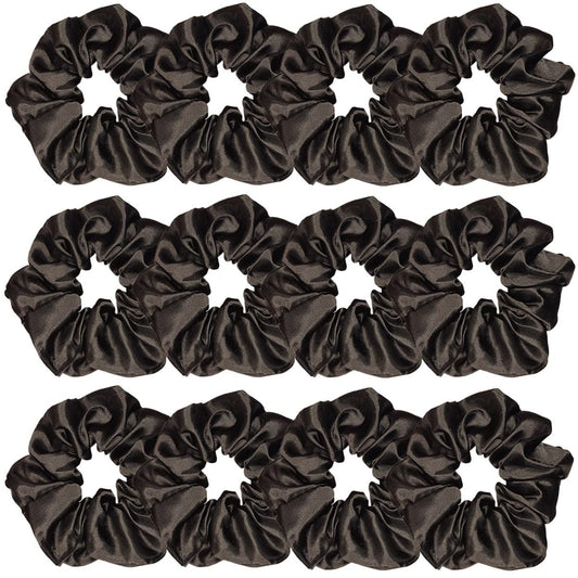 Sufermoe front packaging of 12 black satin scrunchies showing value and style