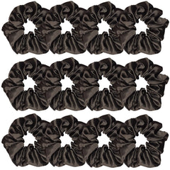 Sufermoe front packaging of 12 black satin scrunchies showing value and style
