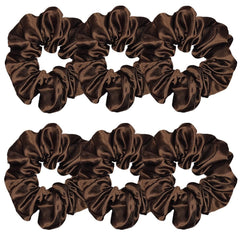 Sufermoe front view of six dark brown satin scrunchies showing neat packaging and versatile styling benefit