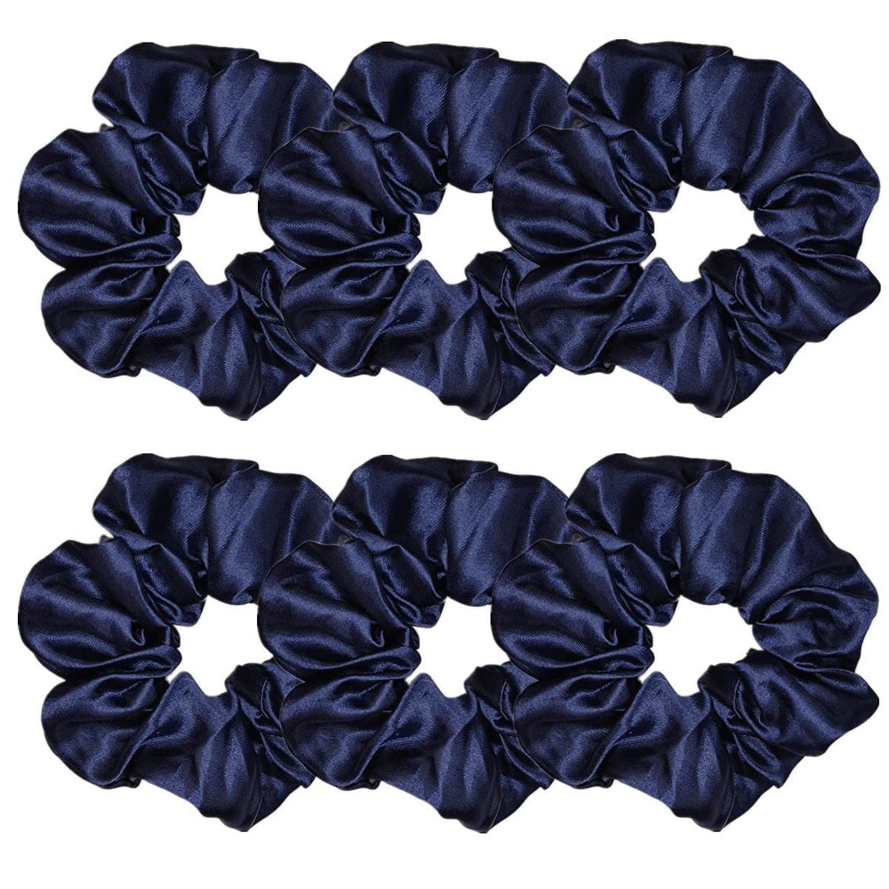 Sufermoe front view of navy satin scrunchies showing neat packaging and polished look
