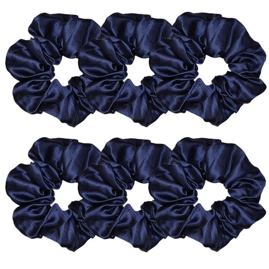 Sufermoe front view of navy satin scrunchies showing neat packaging and polished look